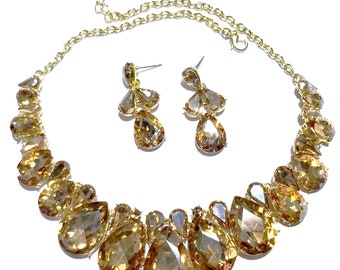 Topaz Rhinestone Austrian Crystal Choker Necklace Earring Set Pageant Drag Exotic Belly Ballroom Dancer Rave Cocktail Party Gift Wedding