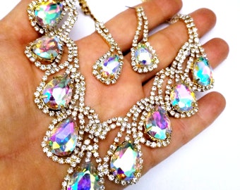 Topaz Rhinestone Austrian Crystal Choker Necklace Earring Set Pageant Drag Exotic Belly Ballroom Dancer Rave Cocktail Party Gift Wedding
