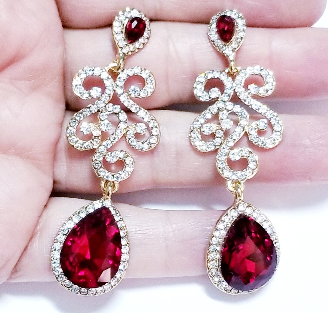 Rhinestone Drop Earrings Red Crystal Earrings Bridal Prom - Etsy