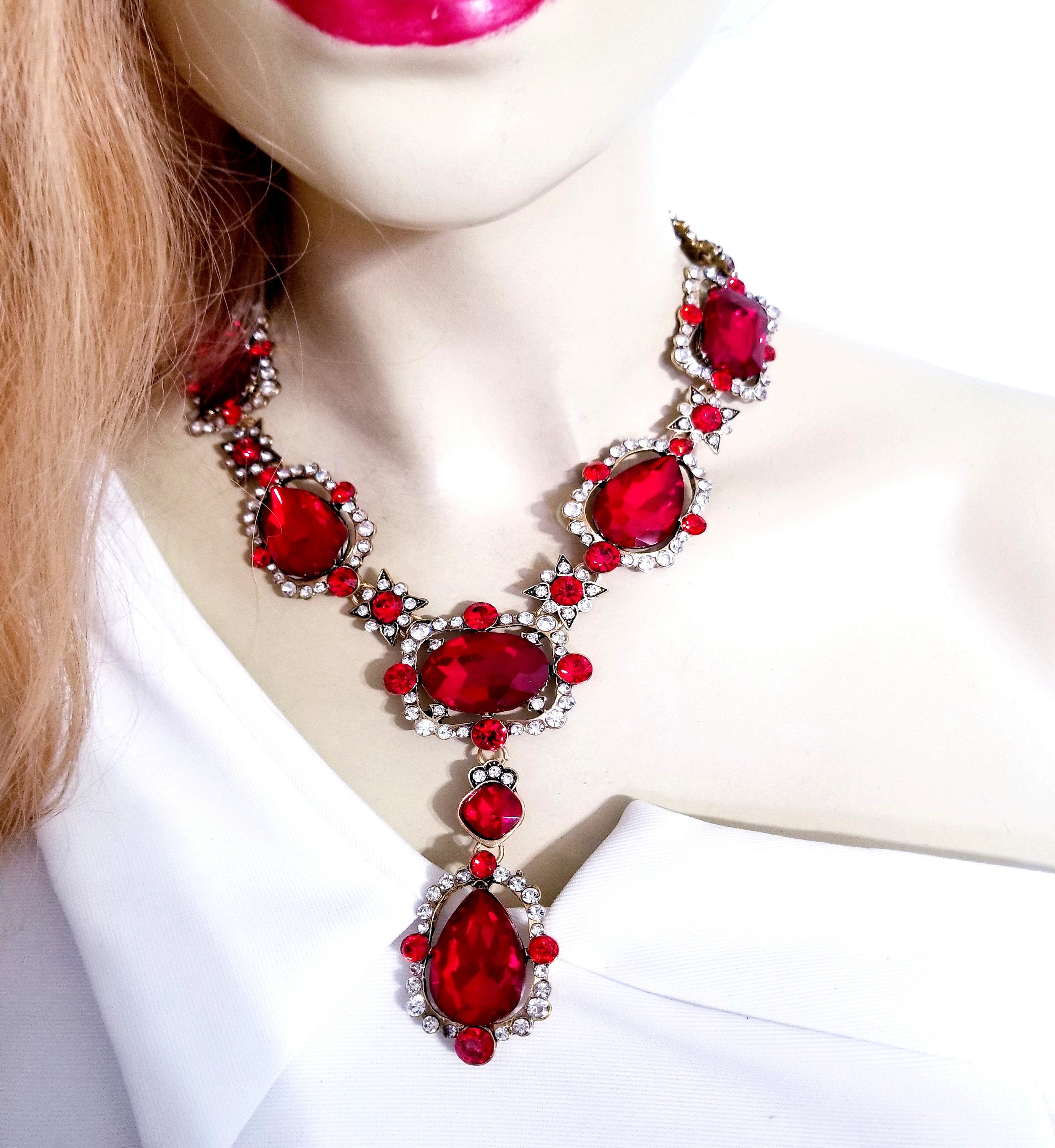 RED Statement Necklace Luxury Crystal Lariat Large Crystal - Etsy 日本