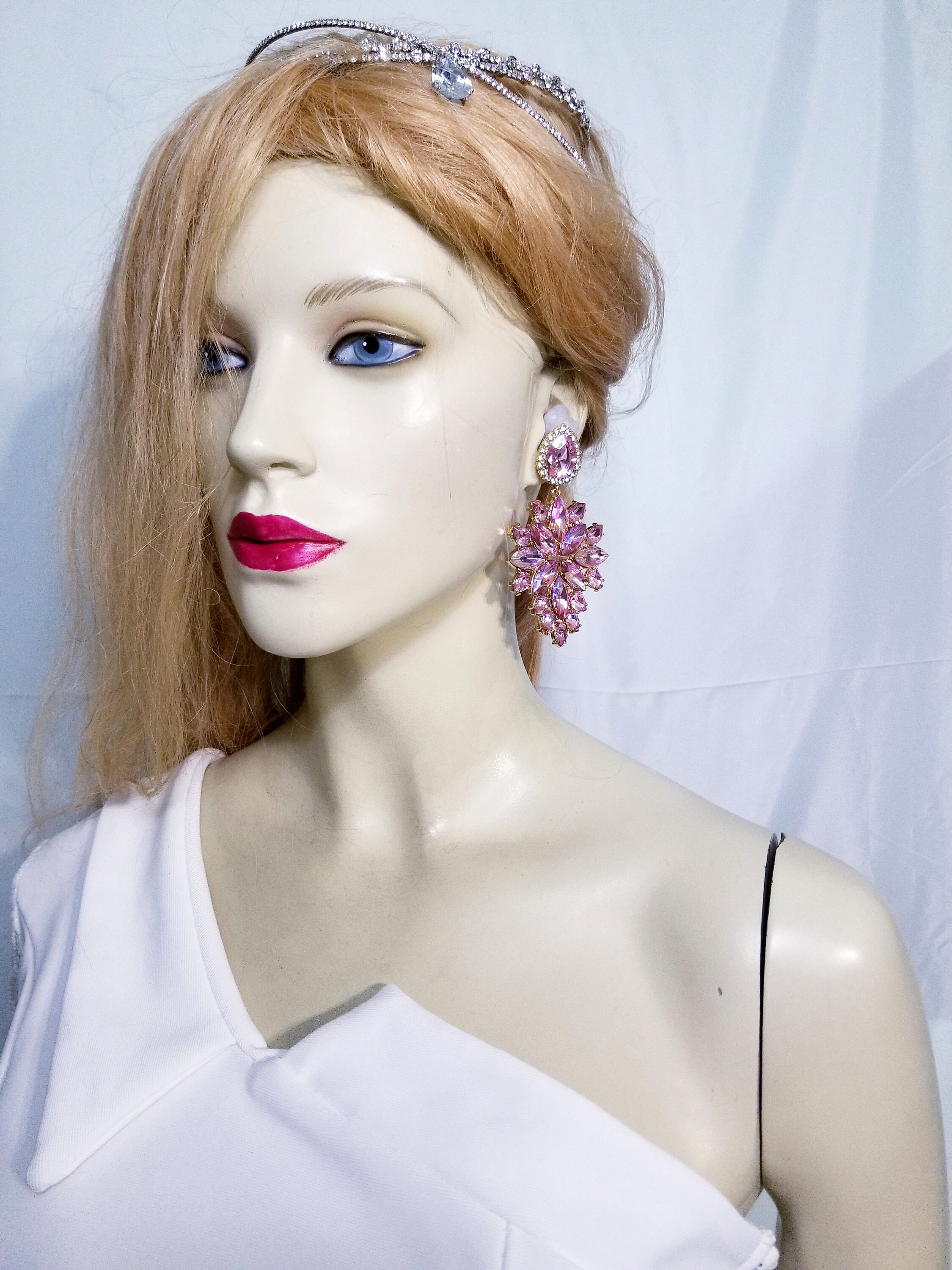 Rhinestone Statement Earrings Chandelier Drop Earrings Pink Etsy