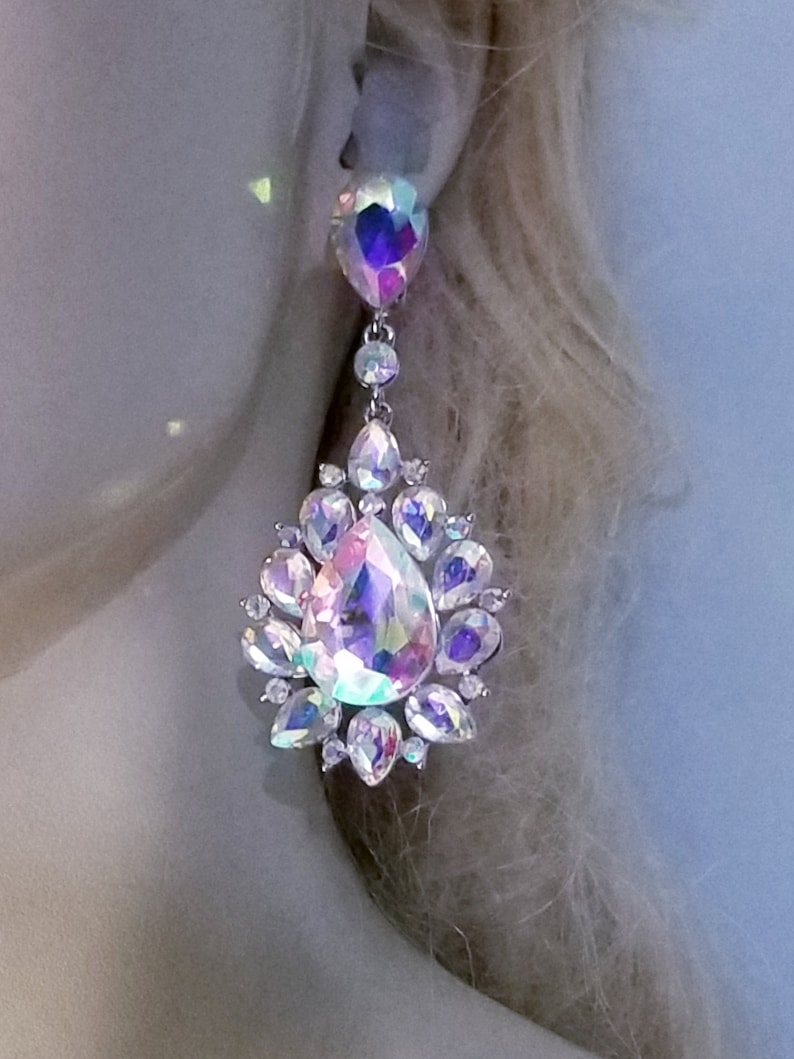 Rhinestone Clip On Chandelier Earrings Bridal Prom Pageant 3.2 inch AB Drag Exotic Belly Dancer Rave Cocktail Party Gift Wedding