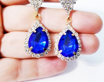 Bridesmaid Clip On Earrings, Rhinestone Crystal Earrings, 2 inch Blue, Chandelier Drop Earrings, Gift for Her