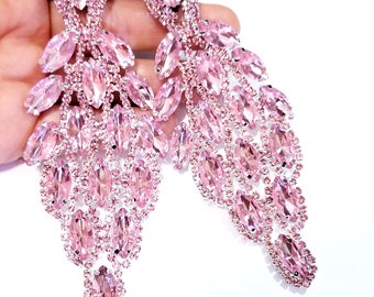 Rhinestone CLIP ON Earrings, Oversized Chandelier Earrings, Pink Drop Pageant Earrings, Gift for Her 5.4 inch