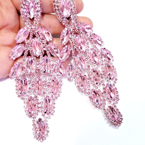 Rhinestone CLIP ON Earrings, Oversized Chandelier Earrings, Pink Drop Pageant Earrings, Gift for Her 5.4 inch