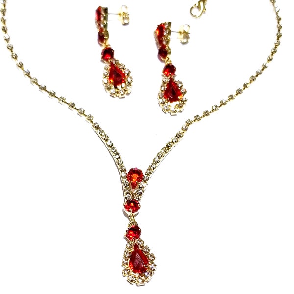 Rhinestone Choker Necklace Earring Set Austrian Crystal Bridal Gold Tone Red