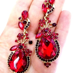 Red Chandelier Earrings, Rhinestone Crystal 3 inch, Pageant Bridal Drop Earrings, Gift for Her