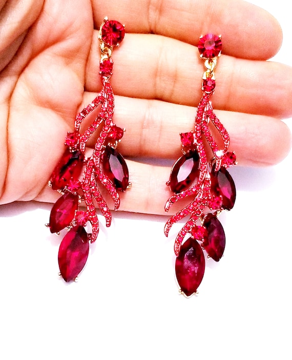 Bridesmaid Drop Earrings Red Chandelier Earrings Rhinestone