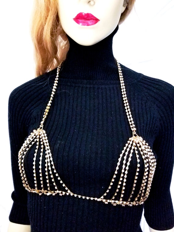 Rhinestone Body Chain, Crystal Bra Body Jewelry, Beach or Stage Jewelry,  Crystal Bikini Belly Waist Chain 