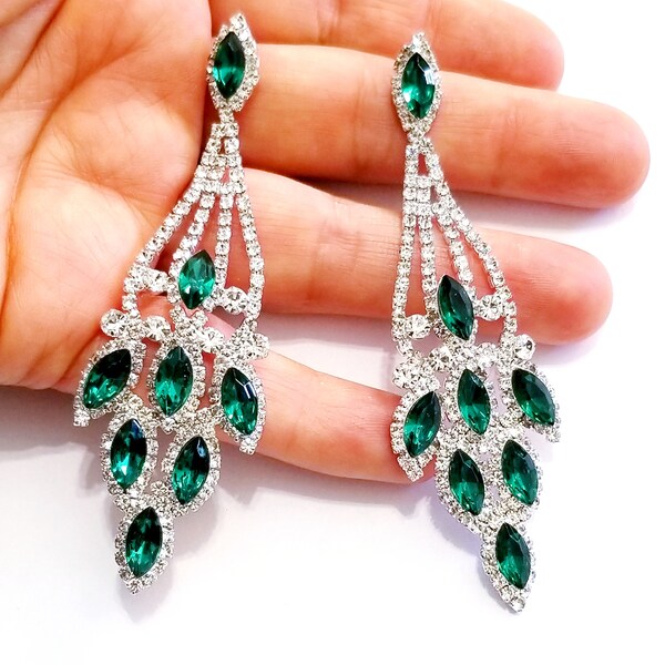 Green Chandelier Earrings, Rhinestone Drop Earrings, Dangle Austrian Crystal Jewelry, Gift for Her 3.5 in