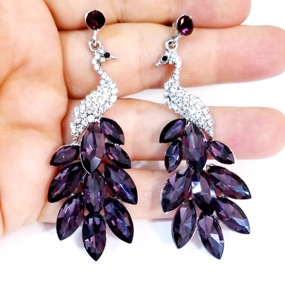 Buy Rhinestone Chandelier Earrings Purple Peacock Earrings Stage