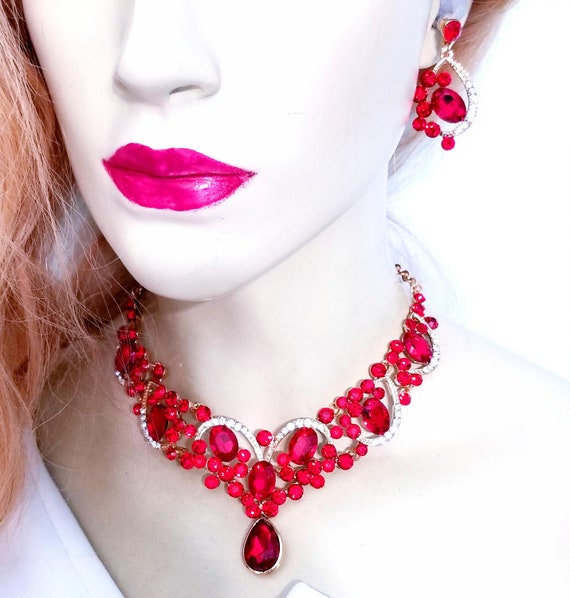 Red Statement Necklace Rhinestone Necklace Set Crystal Pageant