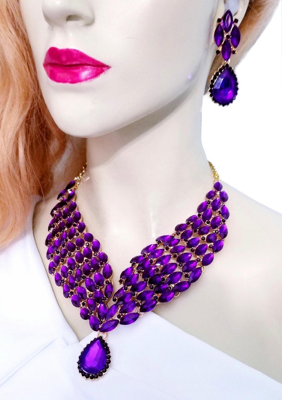 Purple Statement Necklace Necklace Earring Set Large Rhinestone