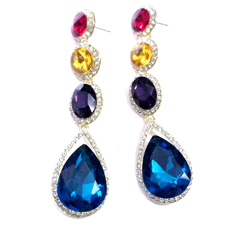 Multi Color 3.5 inch Pageant Drop Earrings Rhinestone Crystal Earrings
