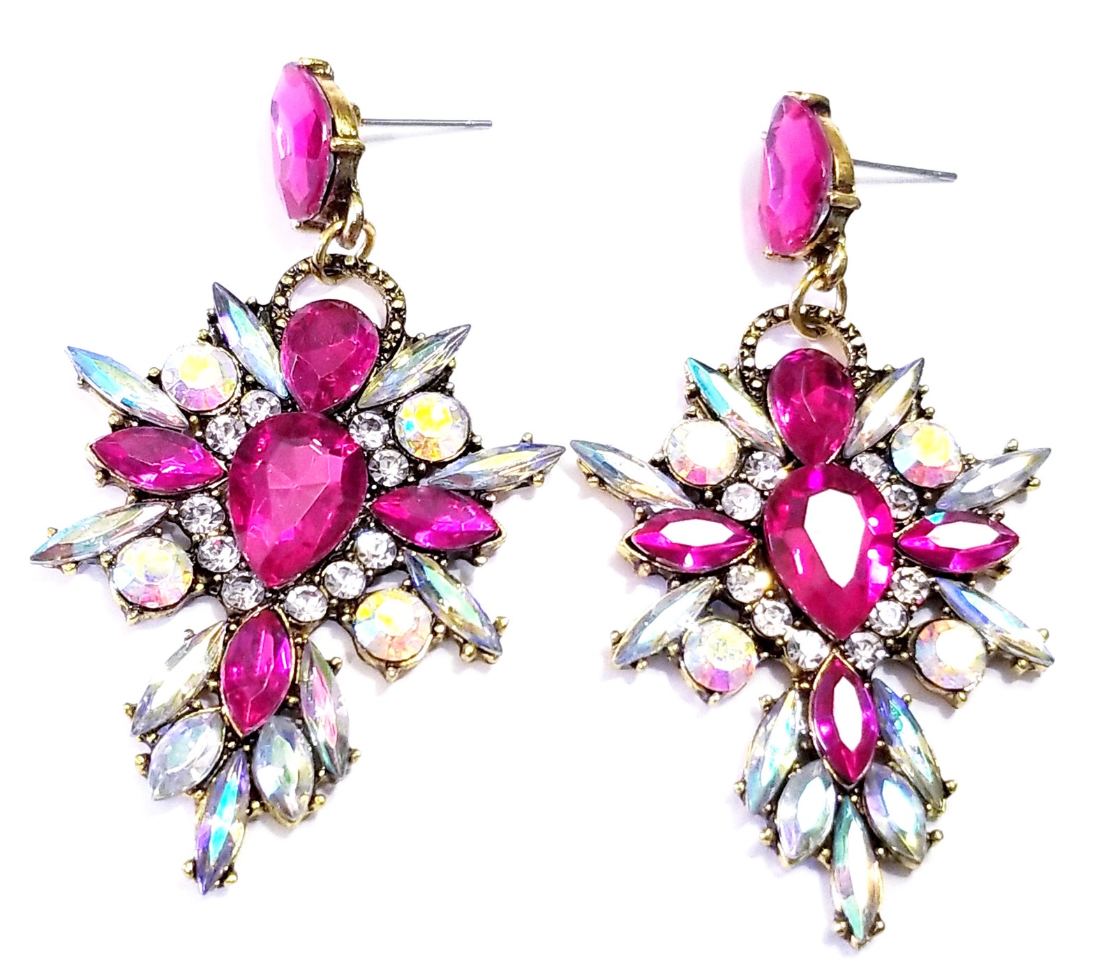 Chandelier Earrings Pink Rhinestone Crystal Bridal Prom Etsy