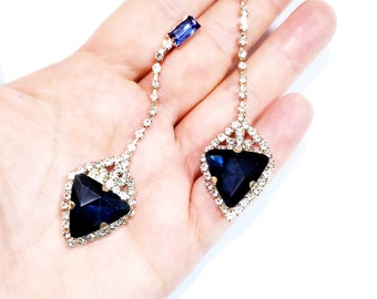 Pageant Drop Earrings, Rhinestone Crystal Earrings, 3.5 inch Navy Blue Chandelier Earrings, Gift for Her