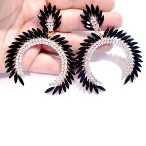 Black Drop Earrings, Bridesmaid Rhinestone Earrings, 3.2 Inch Pageant Jewelry, Crystal Chandelier Earrings, Gift for Her