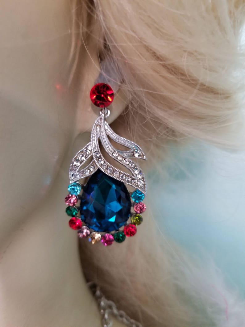 Multi Color Rhinestone Crystal Choker Necklace Earring Set Large Pageant Prom Bridal Drag Queen Jewelry Gift for Her Exotic Belly Dancer