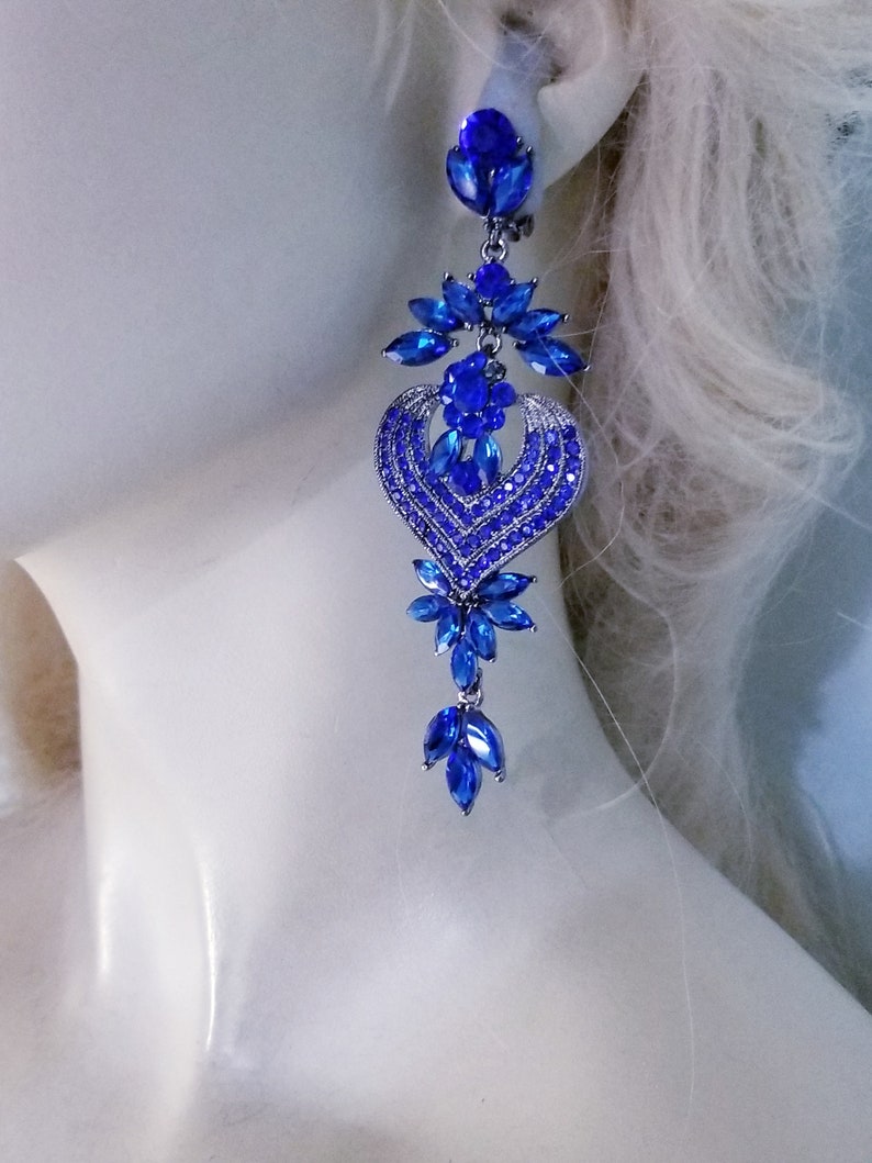 Blue Statement Rhinestone Chandelier Clip On Earrings Prom Pageant Drag Queen 4.1 in Long Wedding Belly Dancer Ballroom Jewelry Gift for her