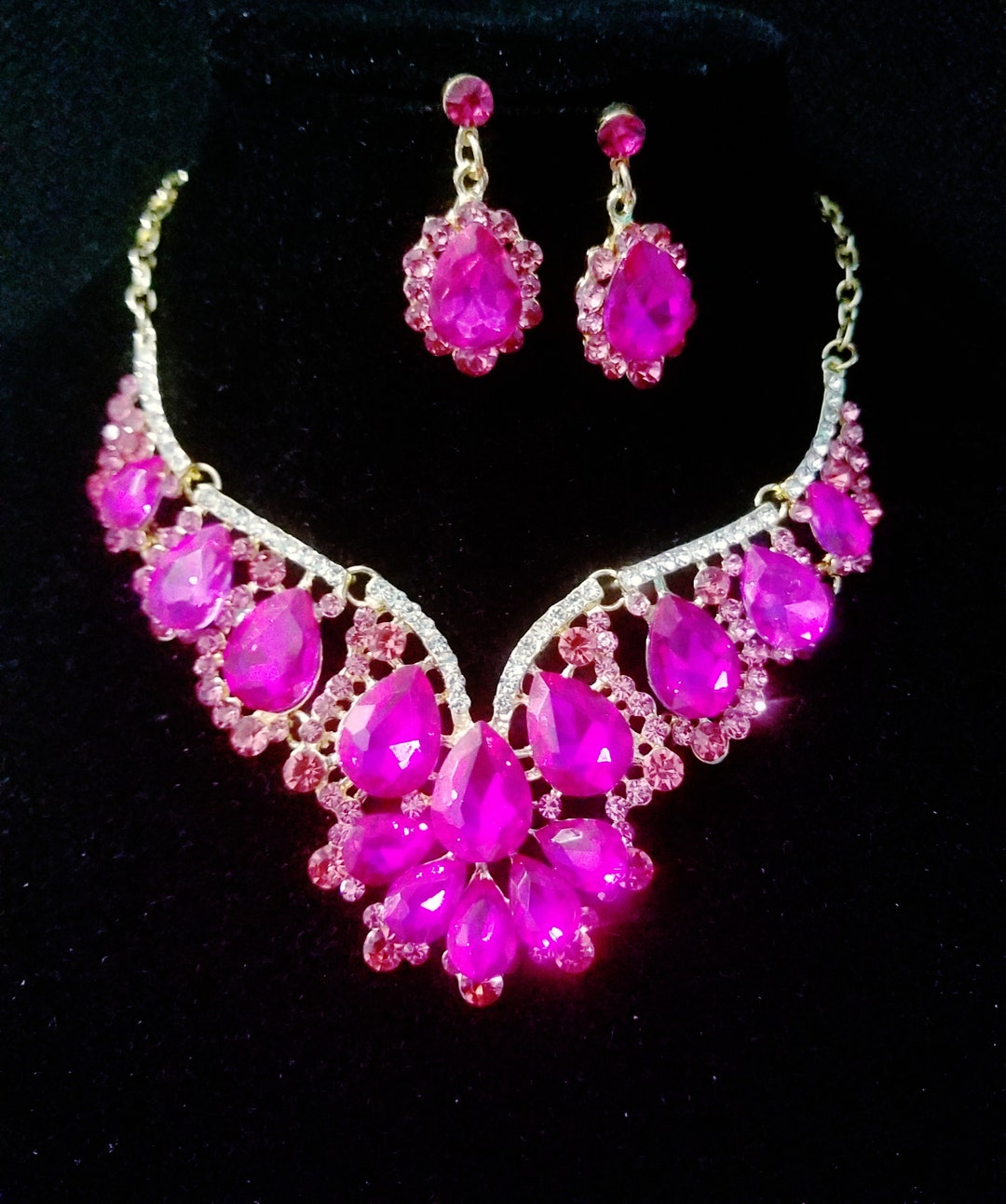 Hot Pink Statement Necklace, Rhinestone Necklace Set, Bridal Pageant ...