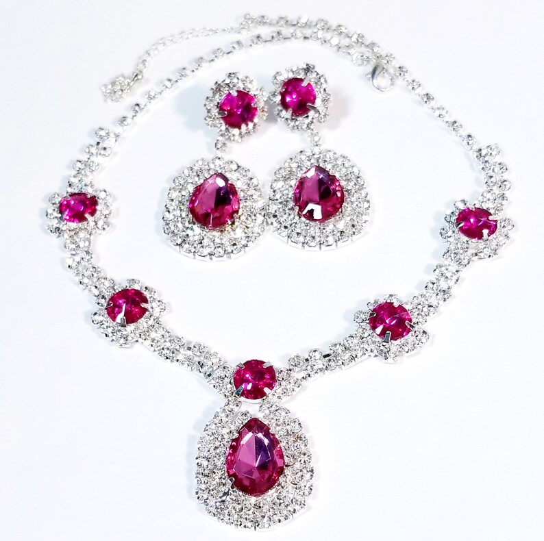 Pink Rhinestone Necklace Crystal Necklace Set Bridal Pageant Etsy