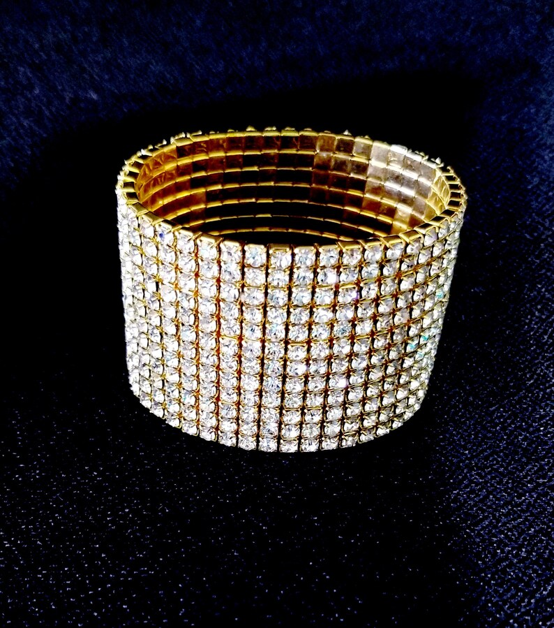 Rhinestone Bracelet Stretch Gold Tone 12 Row Bracelet Etsy
