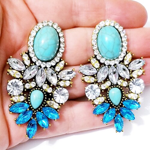 1.75” Long Teal Blue Austrian Crystal Pageant Wedding Bridal Chandelier Earrings 1.75” Long Teal Blue Austrian Crystal Pageant Wedding Bridal Chandelier Earrings