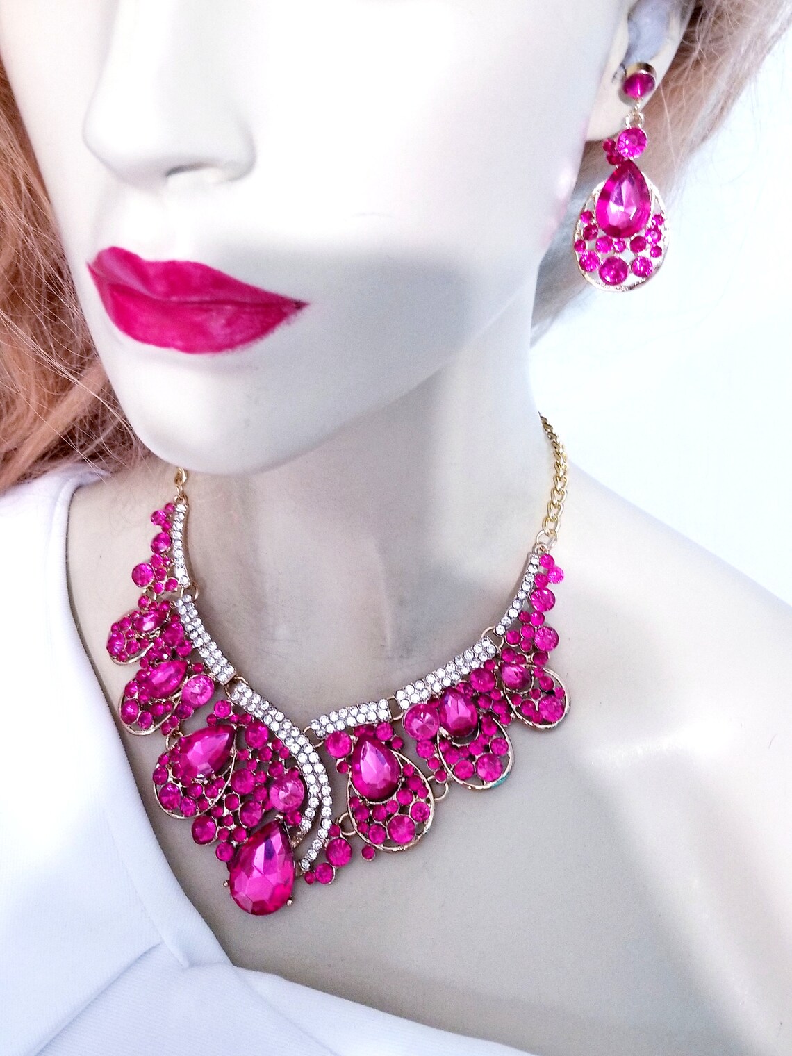 Pink Statement Necklace Rhinestone Necklace Set Bridal Etsy