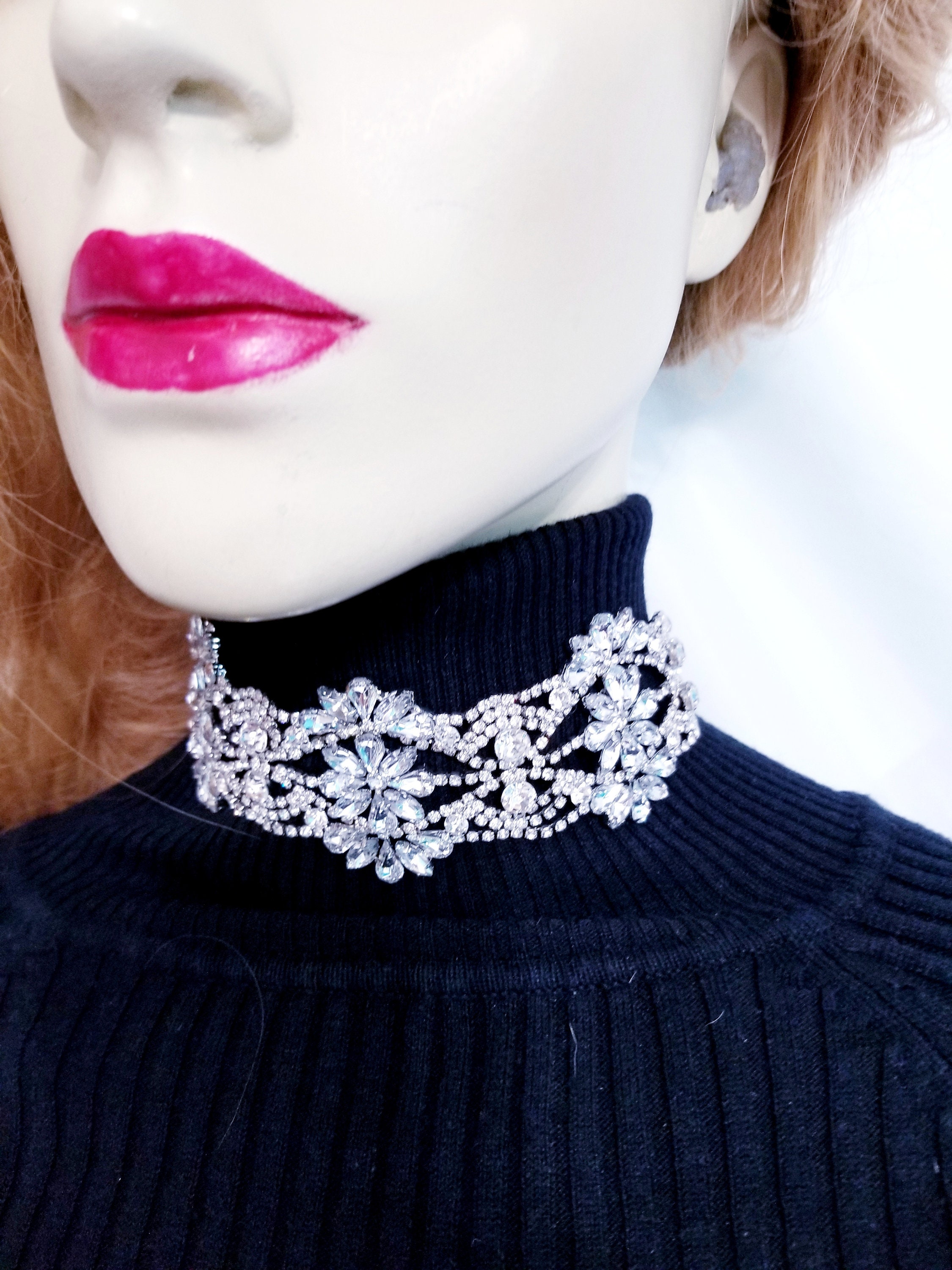 Crystal Choker Necklace Rhinestone Laced Necklace Bridesmaid Etsy