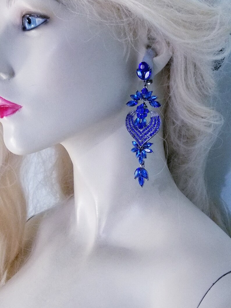 Blue Statement Rhinestone Chandelier Clip On Earrings Prom Pageant Drag Queen 4.1 in Long Wedding Belly Dancer Ballroom Jewelry Gift for her
