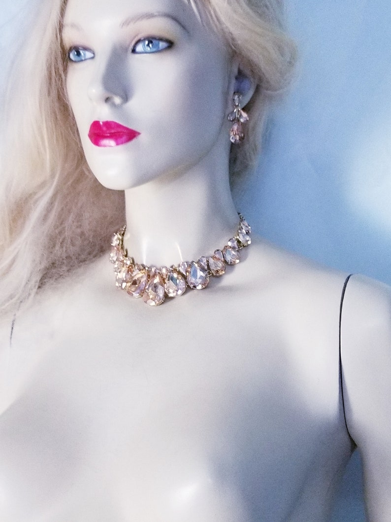 Topaz Rhinestone Austrian Crystal Choker Necklace Earring Set Pageant Drag Exotic Belly Ballroom Dancer Rave Cocktail Party Gift Wedding