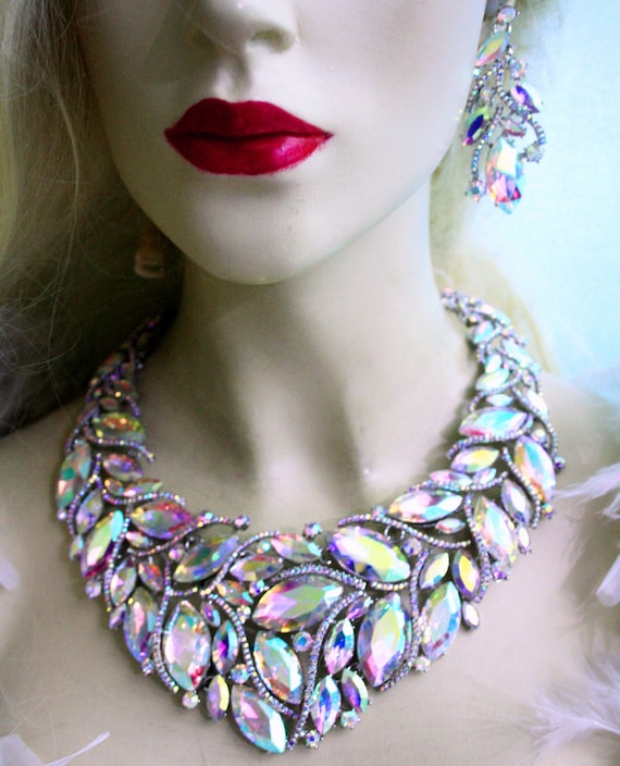 Drag Queen Rhinestone Necklace Earring Set AB Bridal Jewerly | Etsy