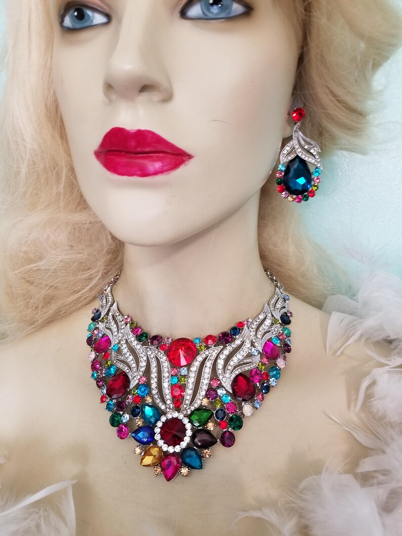 Multi Color Rhinestone Crystal Choker Necklace Earring Set Large Pageant Prom Bridal Drag Queen Jewelry Gift for Her Exotic Belly Dancer
