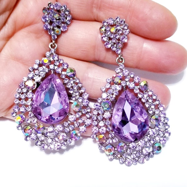 Bridesmaid Drop Earrings, Purple Chandelier Earrings, Rhinestone Austrian Crystal Jewelry, Gift for Her 3 inch