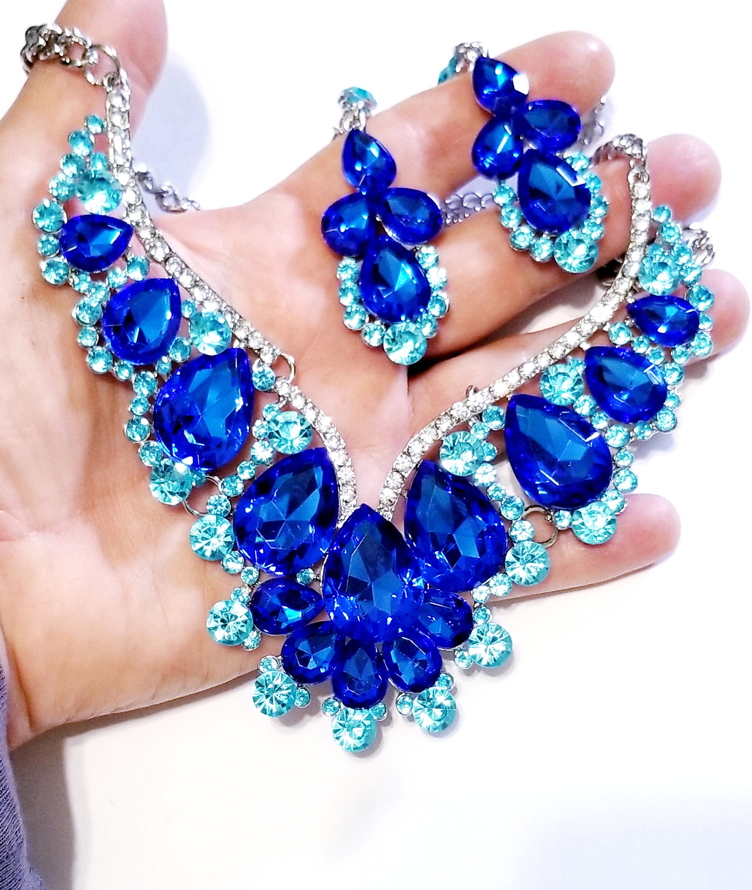 Blue & Silver-Toned Rhinestone Choker Necklace