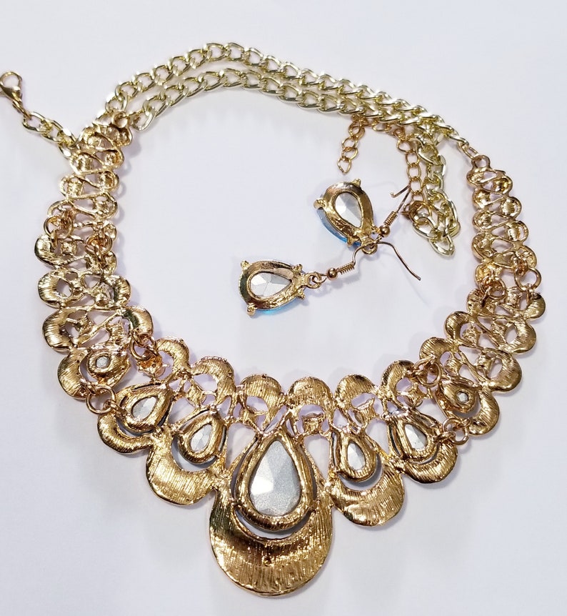 Aqua Statement Necklace Large Crystal Necklace Rhinestone Pageant Jewelry Necklace Earring Set