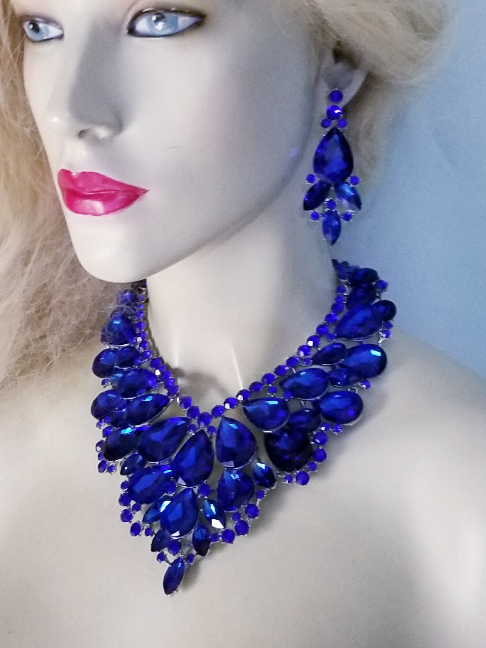 Drag Queen Rhinestone Necklace Earring Set Blue Bridal Jewerly | Etsy