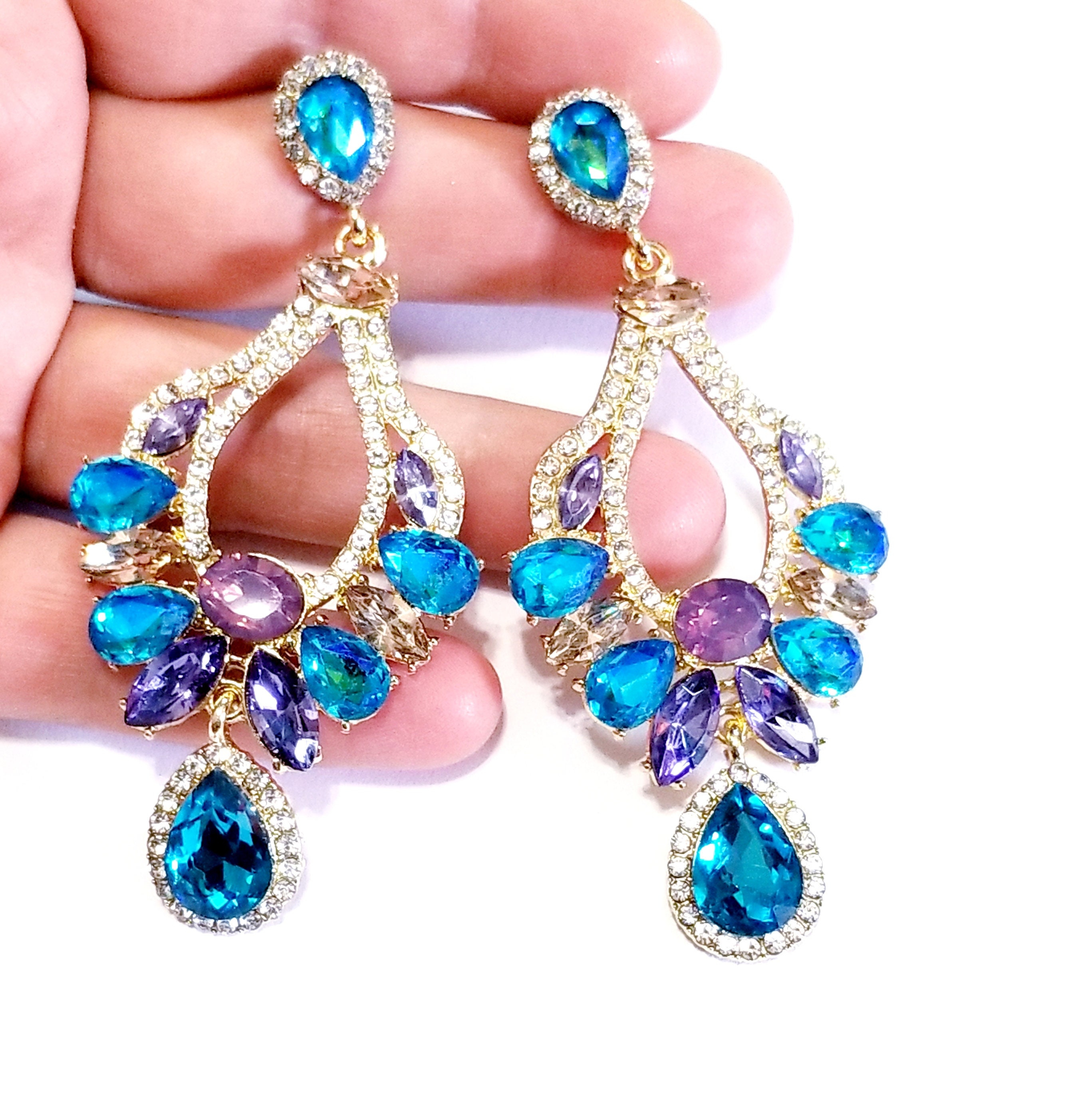 Multi Color Drop Earrings Bridesmaid Rhinestone Earrings 3.4 - Etsy UK