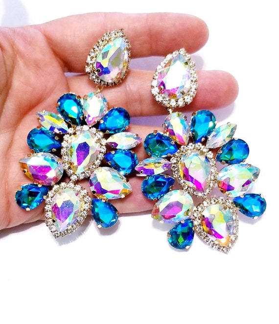 Rhinestone Clip on Earrings Chandelier Drop Earrings Blue AB - Etsy