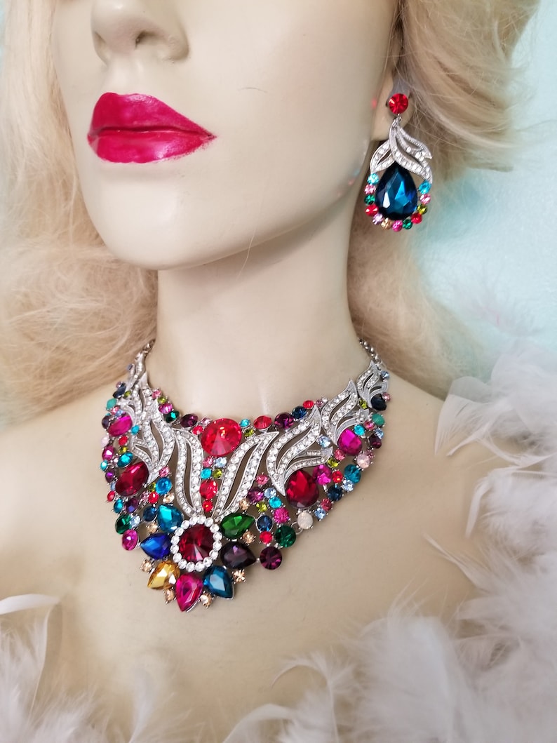 Multi Color Rhinestone Crystal Choker Necklace Earring Set Large Pageant Prom Bridal Drag Queen Jewelry Gift for Her Exotic Belly Dancer