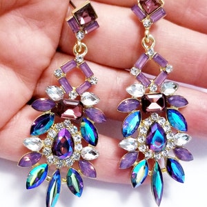 Rhinestone Drop Earrings, Crystal Chandelier Earrings, Purple Pageant Prom Jewelry, 2.8 Inch