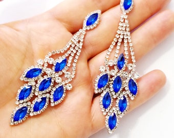 Clip On Earrings, Blue Chandelier Earrings, Rhinestone Drop Earrings, Dangle Austrian Crystal Jewelry, Gift for Her 3.5 in