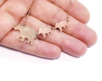 Mama Bear Necklace, Bear and Cubs Pendant, Bear Charm Necklace, Rose Gold Tone Gift for Mom