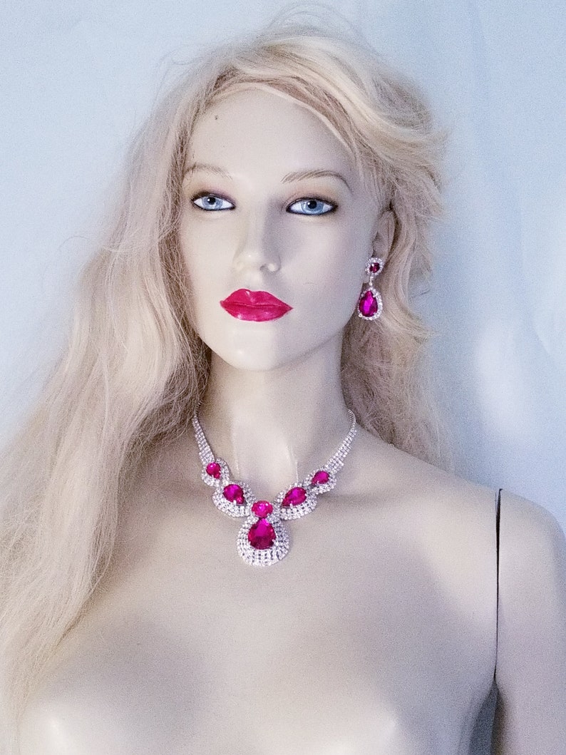 Necklace Earring Set Pink Rhinestone Necklace Austrian Crystal Choker