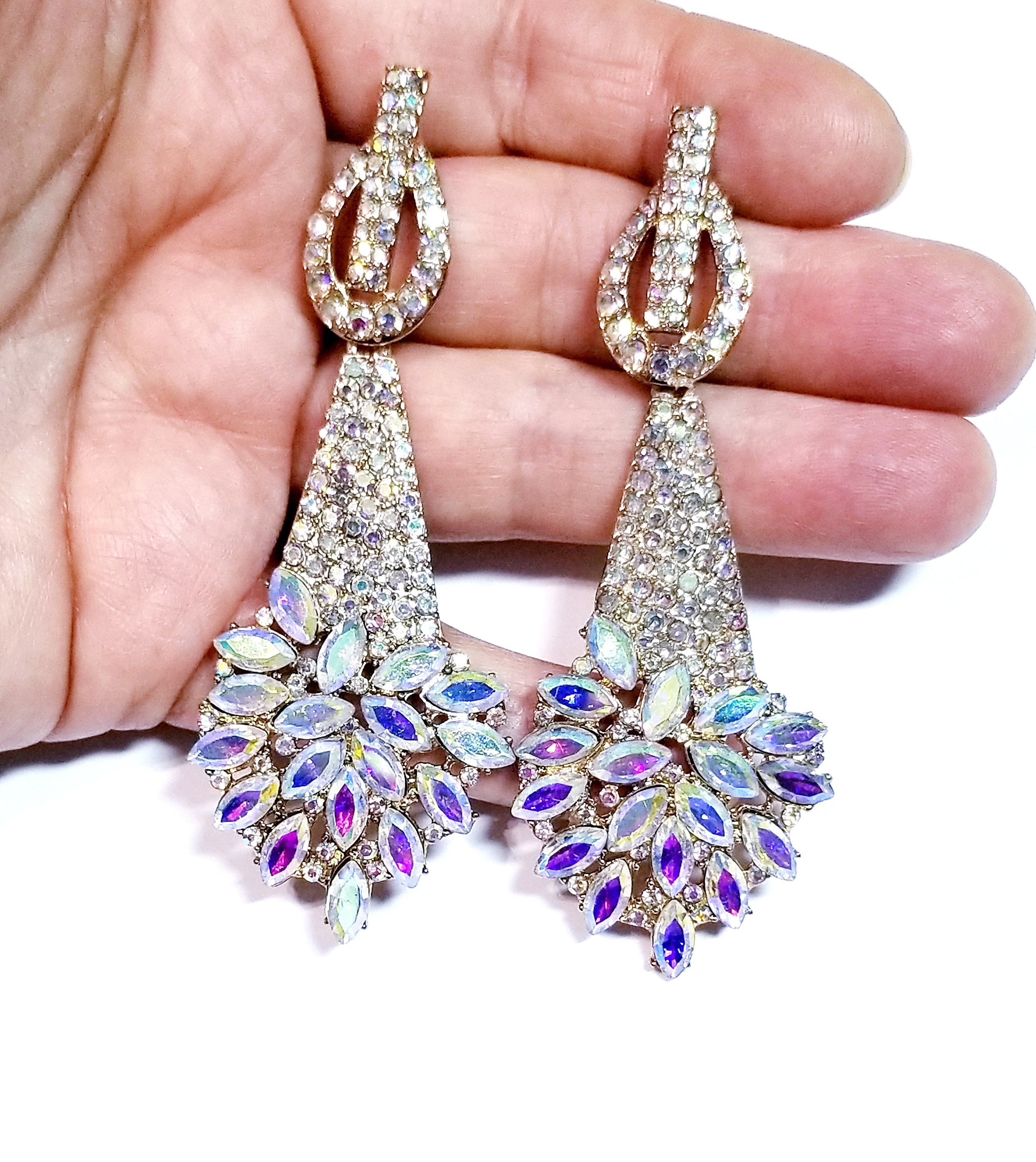 Large AB Crystal Rhinestone Statement Pageant Earrings | L&M Bling