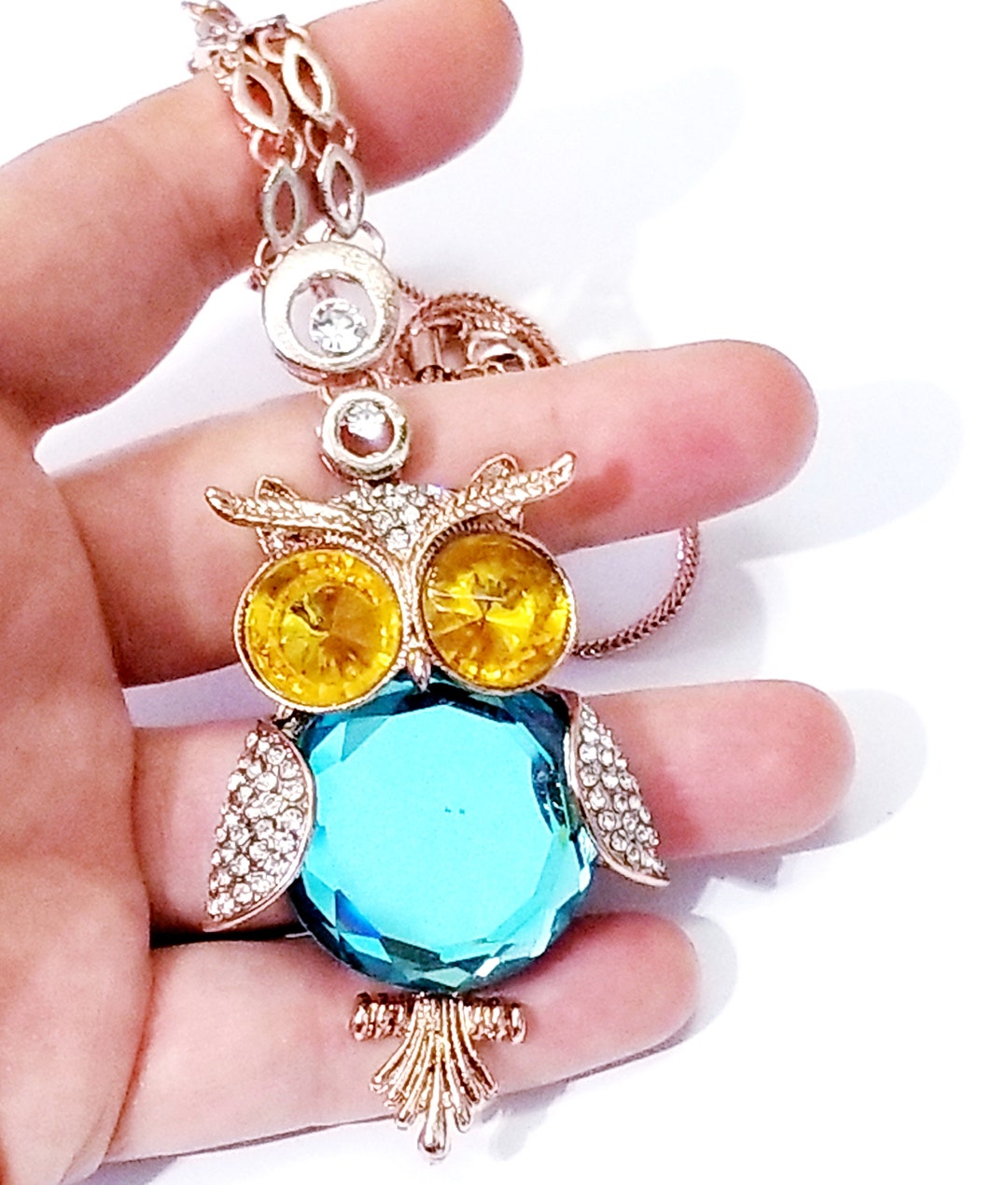 Blue Owl Necklace Gold Owl Pendant Crystal Barn Owl Best Etsy UK