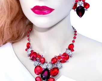 Rhinestone Crystal Choker, Necklace Earring Set, Pageant Prom Jewelry, Red Crystal Necklace