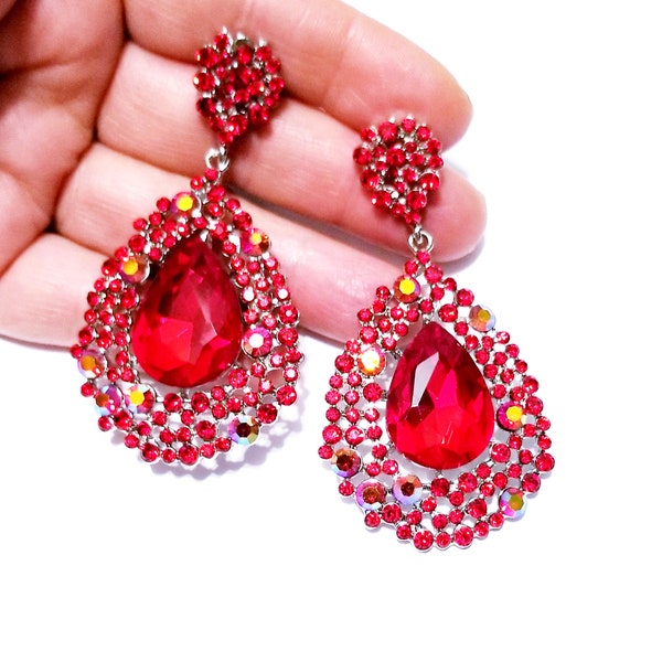 Bridesmaid Drop Earrings, Red AB Chandelier Earrings, Rhinestone Austrian Crystal Jewelry, Gift for Her 3 inch