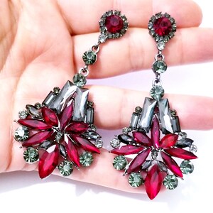 Bridesmaid Drop Earrings, Rhinestone Crystal Earrings, 3.2 in Red Chandelier Earrings