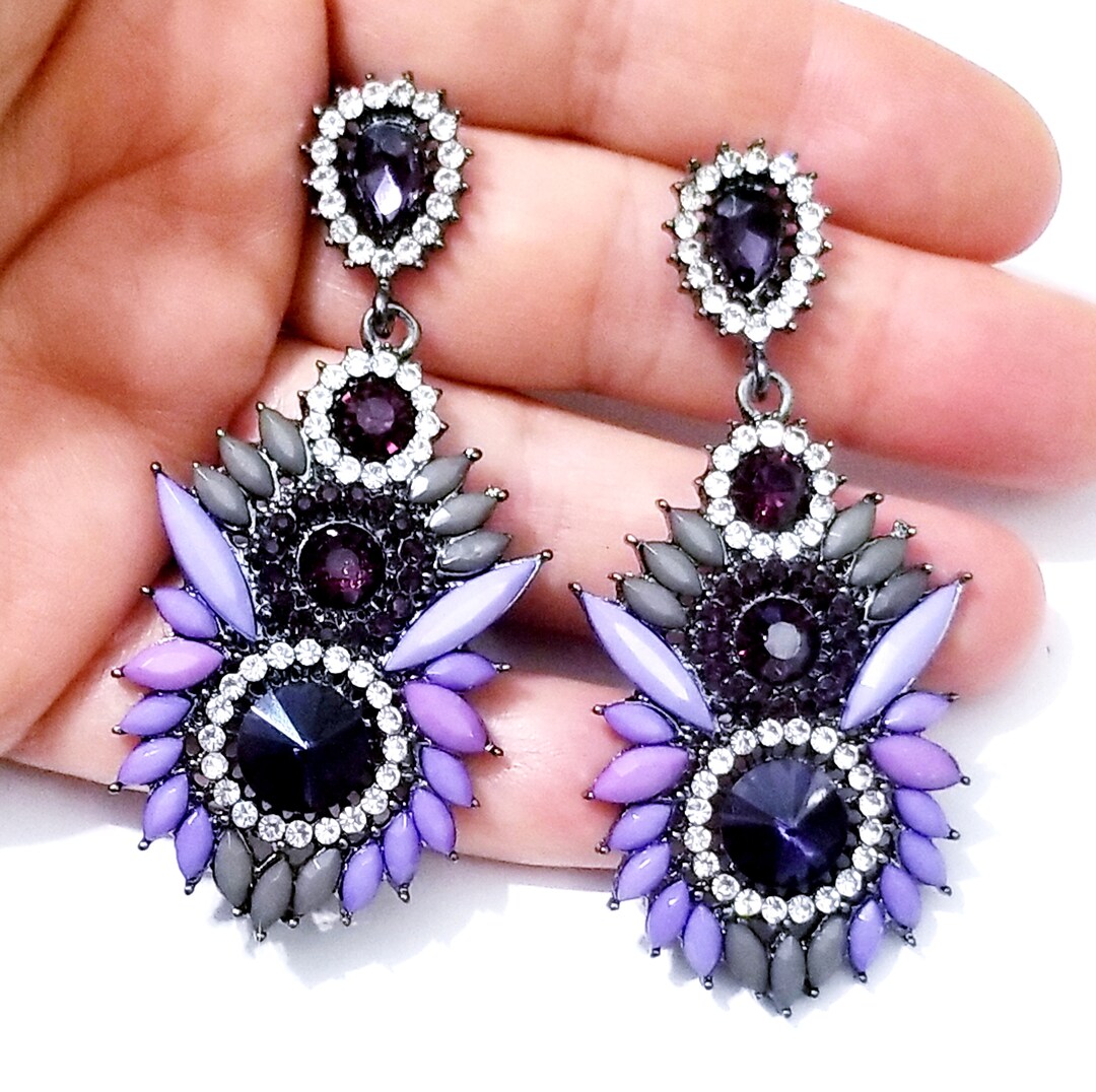 Rhinestone Beaded Drop Earrings Purple Bridesmaid Chandelier - Etsy